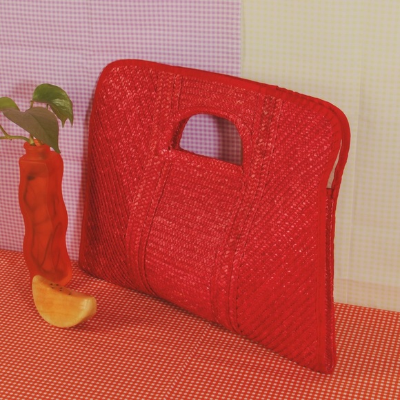 Vintage Red Woven Straw Handbag Square Clutch - Picture 2 of 5